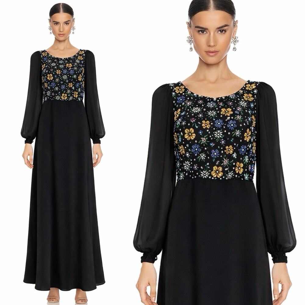VTG Pronovias Floral Heavy Beaded Embellished Chiffon Billowy Sleeve Gown 6